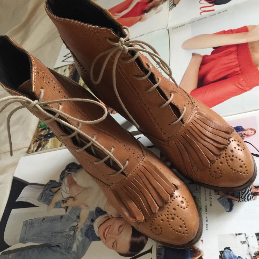 J. Crew Tan Leather Lace-Up Fringe Ankle Boots